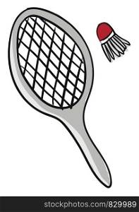 A pair of grey badminton bat and a red shuttlecock having few feathers placed on the ground next to each other vector color drawing or illustration