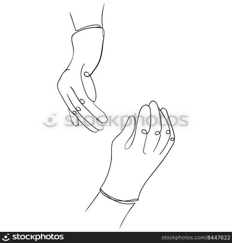 A pair of hands in rubber medical gloves or cleaning gloves. Linear drawing, concept of cleanliness, hygiene and disease prevention