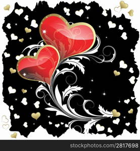 A pair of hearts with a white branch on a black background