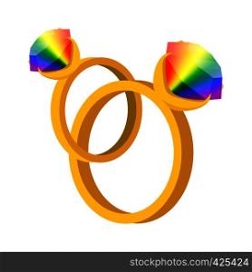A pair of rings with rainbow diamonds cartoon icon on a white background. A pair of rings with rainbow diamonds cartoon icon
