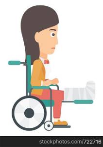 A patient with broken leg sitting in wheelchair vector flat design illustration isolated on white background. . Patient sitting in wheelchair.