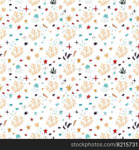 A pattern of shells, corals and marine animals. Seamless background with fish, starfish, corals, shells, clams. Bright summer vector illustration. pattern of shells, corals and marine animals. Seamless background sea life