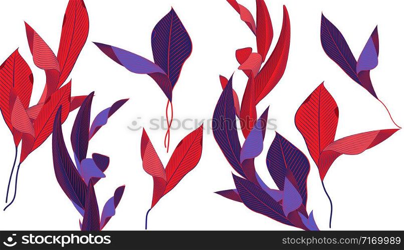 A pattern of spectacular exotic leaves. Tropical leaves. Banner and postcards, Printing on fabric and other surfaces. Vector illustration