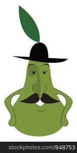 A pear with big mustache and a black hat, vector, color drawing or illustration.