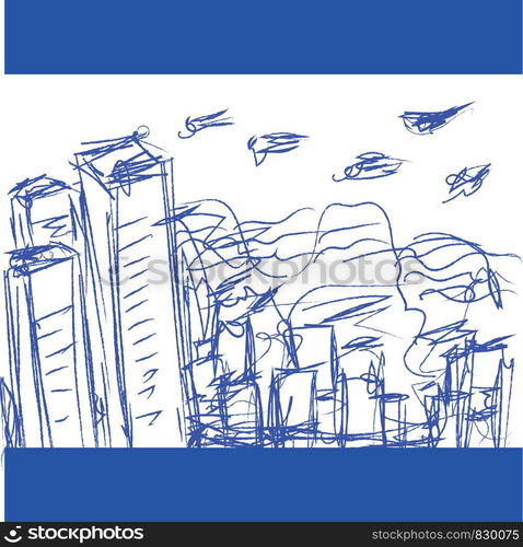 A pen sketch of a cityscape with and short buildings and a few birds flying high vector color drawing or illustration