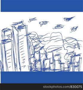 A pen sketch of a cityscape with and short buildings and a few birds flying high vector color drawing or illustration