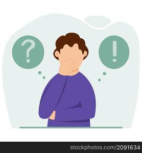 A pensive man thinks. Question mark. The man is trying to make the right decision. Flat vector illustration.. A pensive man thinks. Question. The man is trying to make the right decision. Flat vector illustration.