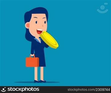 A person eating coin. Concept business cartoon vector style