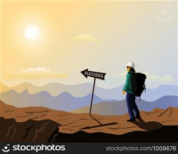 A person walking on a mountain With a sign of success in front, With mountains and sunset as background