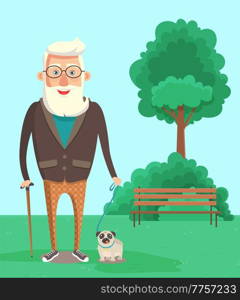 A person with a dog is walking on the street. Elderly man with pug spends time outdoors in the park. Gray-haired male character with a cane in his hands with the animal on a leash in open area. A person with a dog is walking on the street. Elderly man with pug spends time outdoors in the park