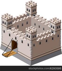 A perspective view of a medieval fortress on a white background
