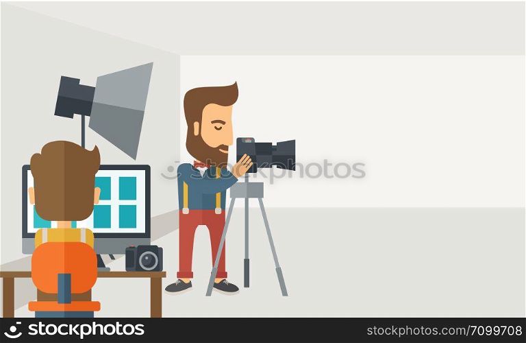 A Photography studio with a light set up and white backdrop and his companion with laptop for developing the picture. A Contemporary style with pastel palette, soft grey tinted background. Vector flat design illustration. Horizontal layout with text sapce in right side.. Photography studio with a light set up and white backdrop
