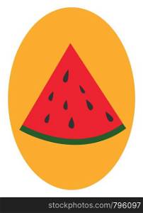 A picture of a slice of water melon isolated in a yellow oval, vector, color drawing or illustration.