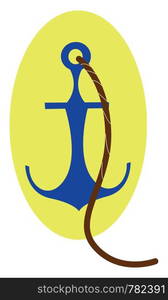 A picture of an anchor with brown rope going through it's ring, vector, color drawing or illustration.