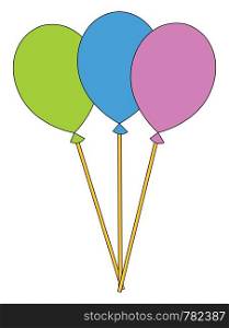 A picture with three balloons one green, one blue, and one pink, vector, color drawing or illustration.