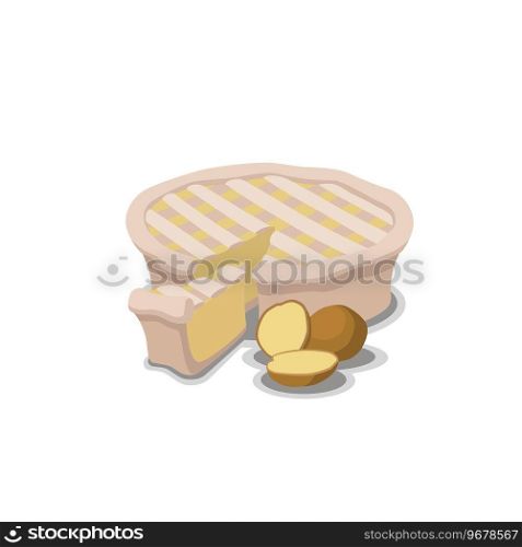 A pie with a small piece next to a potato with a shadow on a white background. Pie and its piece with potatoes on a white background in a minimalist style