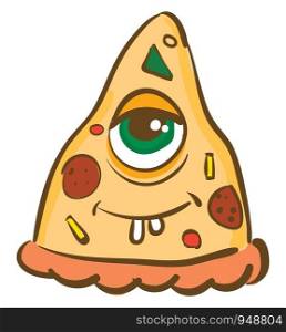 A piece of pizza with a single large eyes, vector, color drawing or illustration.
