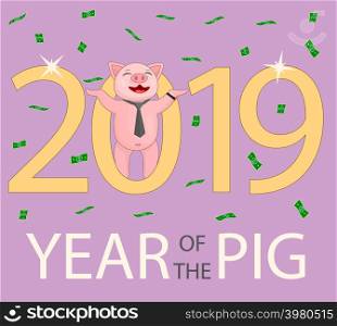 A pig in a tie and a watch wishes a happy new year.