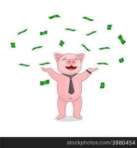A pig in a tie and with a watch is scattered about with money.