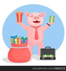 A pig in a tie in one hand holds a gift in the other hand a bundle of money.