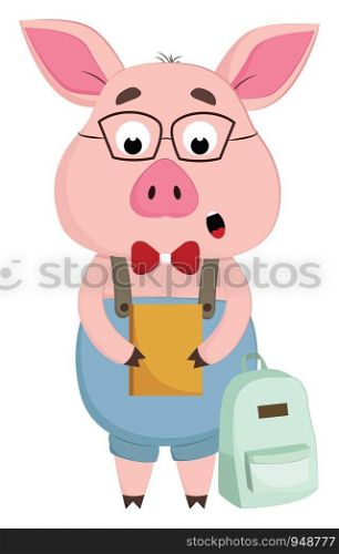 A pig wearing glasses with a notebook and a school bag, vector, color drawing or illustration.