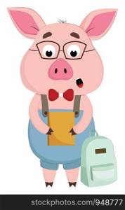 A pig wearing glasses with a notebook and a school bag, vector, color drawing or illustration.