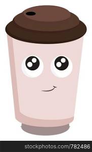 A pink coffee cup with a face, big eyes, smiling lips, with brown lid, with straw hole, vector, color drawing or illustration.