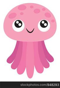 A pink-colored jellyfish with umbrella-shaped bells and trailing tentacles has a cute little face with eyes rolled top-left is smiling, vector, color drawing or illustration.