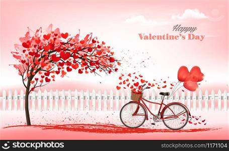A Pink Holiday Valentine&rsquo;s Day background. Tree with heart-shaped leaves and bike with a red ballons. Vector