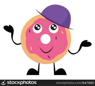 A pink strawberry donut with sprinkles on it wearing a violet hat , vector, color drawing or illustration.