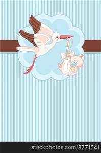 A place card of a stork delivering a newborn baby boy