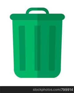 A plastic green garbage bin, container for waste or junk materials. A Contemporary style. Vector flat design illustration isolated white background. Vertical layout.. Green garbage bin