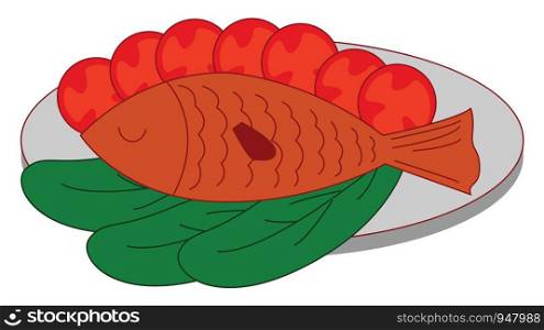 A plate of fried fish with vegetables which looks yummy , vector, color drawing or illustration.