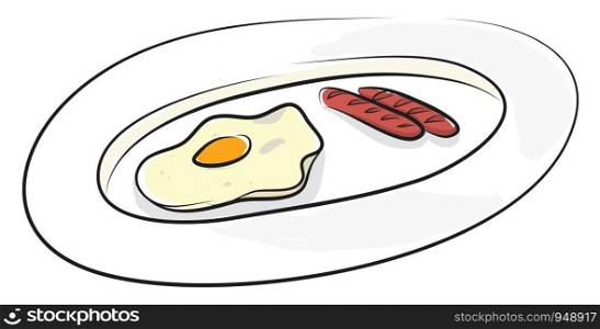 A plate of scrambled eggs and sausages, vector, color drawing or illustration.