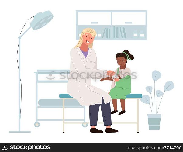 A podiatrist uses a bandage to help a girl. Patient with a sore arm at appointment with doctor in medical office. Orthopedist treats small child in hospital. Children s doctor works with a patient. A podiatrist uses a bandage to help a girl. Patient with a sore arm in medical office with a doctor