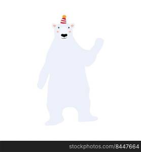 A polar bear in a knitted hat smiles and waves his hand in greeting. Adorable new year childrens illustration