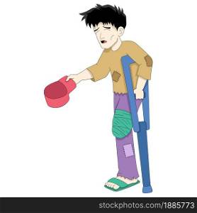 a poor one-legged lame young man was walking begging. vector design illustration art