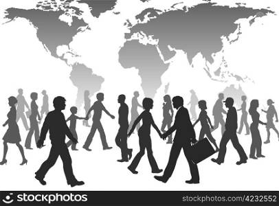 A population of global people silhouettes walk under world map.