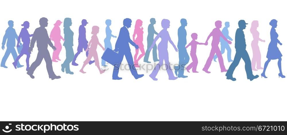 A population of people of many colors walk forward together.