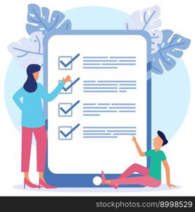 A positive business man and woman point to the direction marked with a checklist on chalkboard paper. Successfully complete business assignments. Flat vector illustration.
