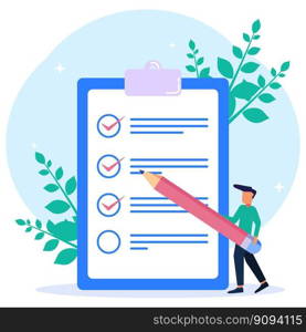 A positive business man point to the direction marked with a checklist on chalkboard paper. Successfully complete business assignments. Flat vector illustration.