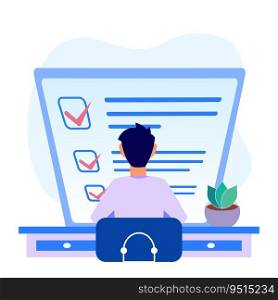 A positive business man points in the direction marked by a checklist on whiteboard paper. Successfully complete business assignments. Flat vector illustration.
