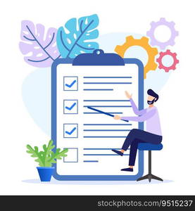 A positive business man points in the direction marked by a checklist on whiteboard paper. Successfully complete business assignments. Flat vector illustration.