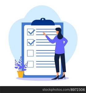 A positive business woman point to the direction marked with a checklist on chalkboard paper. Successfully complete business assignments. Flat vector illustration.