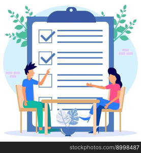 A positive business woman points in the direction marked by a checklist on whiteboard paper. Successfully complete business assignments. Flat vector illustration.