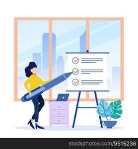 A positive business woman points in the direction marked by a checklist on whiteboard paper. Successfully complete business assignments. Flat vector illustration.