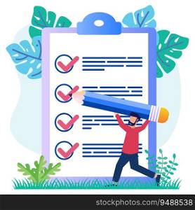 A positive businessman points in the direction marked by a checklist on whiteboard paper. Successfully complete business assignments. Flat vector illustration.
