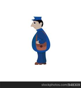 A postman in his blue uniform and a hat with a long-clutch brown sling bag on his shoulders is smiling set isolated on white background viewed from the side, vector, color drawing or illustration.