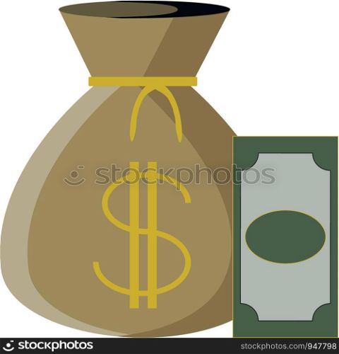 A pouch with dollar sign and green money bills depicting savings vector color drawing or illustration