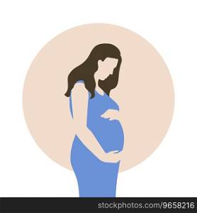 A pregnant girl in a blue dress holds her belly with two hands on a white background with a beige circle, minimalistic style. Pregnant girl holds her belly against the background of a circle